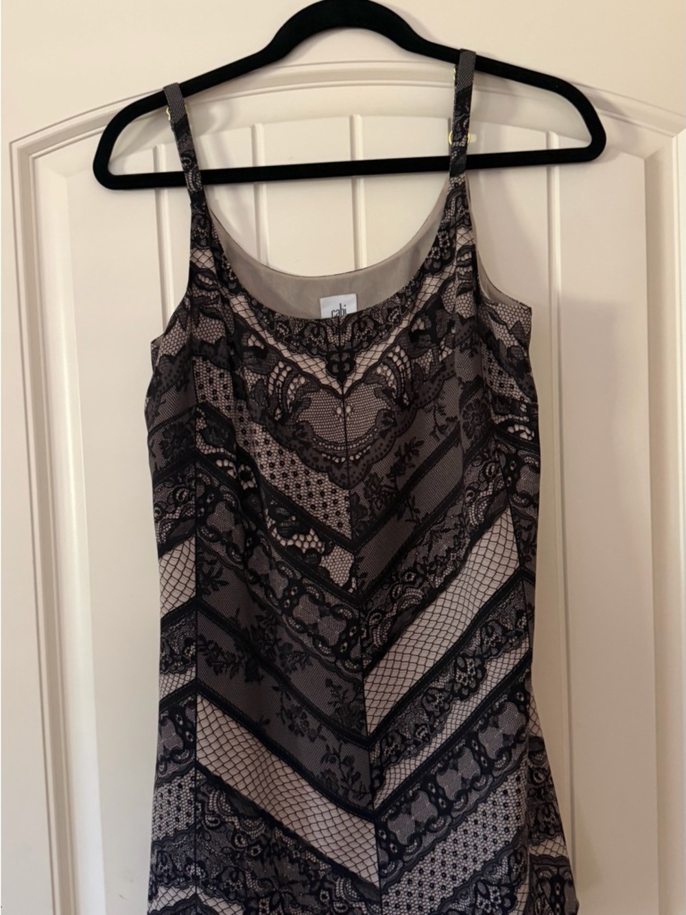 CAbi Black and Taupe Lace-Print Tank Top
